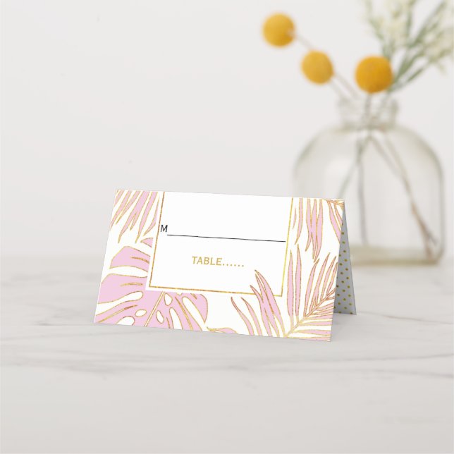 Tropisch rosa Blätter Moderne Hochzeitsbegleitung Platzkarte (Vorderseite)
