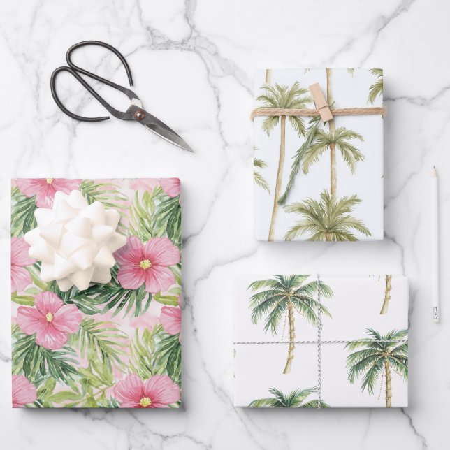 Tropisch-rosa Blume Goldpalmenbäume Hochzeit Geschenkpapier Set (Vorderseite)