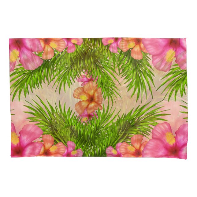 Tropisch rosa Blume Grüne Blätter Blumenchic Kissenbezug (Vorderseite)