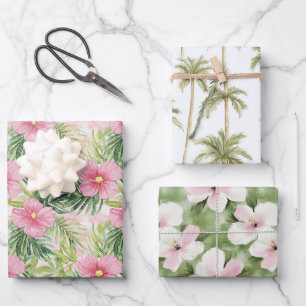 Tropisch rosa Blume Palmen Bäume Hochzeit Geschenkpapier Set