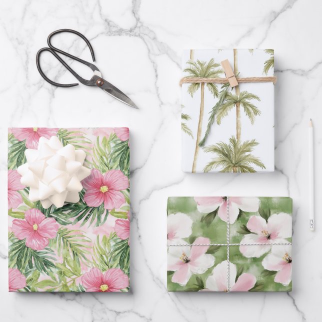 Tropisch rosa Blume Palmen Bäume Hochzeit Geschenkpapier Set (Vorderseite)