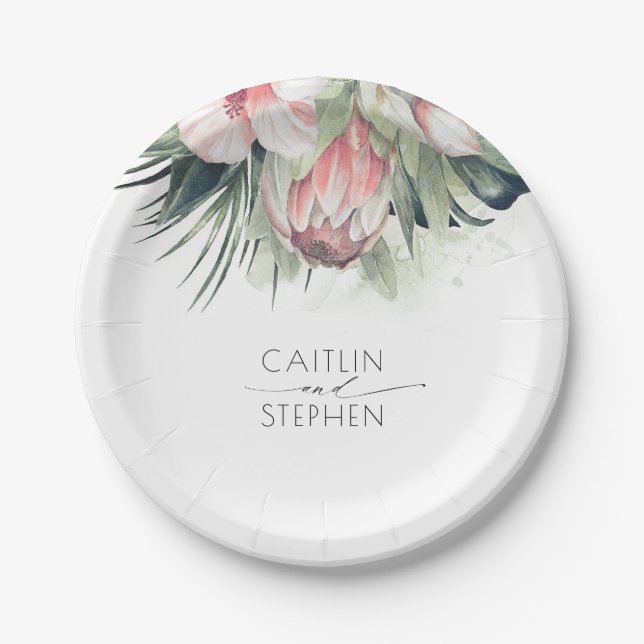 Tropisch-rosa Blume und Palmen Grüne Hochzeit Pappteller (Vorderseite)