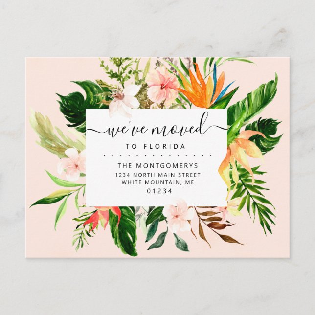 Tropisch rosa Blumengrün Florida Moving Ankündigungspostkarte (Vorderseite)