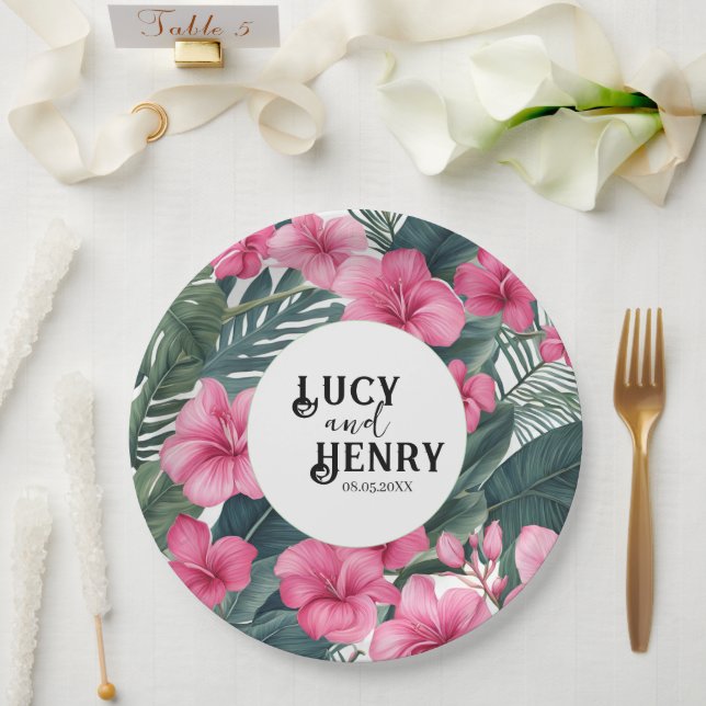 Tropisch rosa Feiertage Blumenzwiebeln Pappteller (Hochzeit)