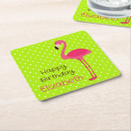 Tropisch rosa Flamingo auf grünen weißen Polka Pun Rechteckiger Pappuntersetzer