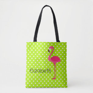 Tropisch rosa Flamingo auf grünen weißen Polka Pun Tasche