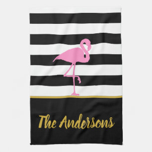 Tropisch rosa Flamingo auf schwarzen und weißen S Geschirrtuch