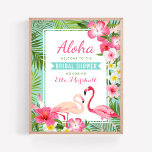 Tropisch rosa Flamingo Brautparty Begrüßungszeiche Poster<br><div class="desc">Das Begrüßungsschild/Poster des Hochzeitsstils Brautparty umfasst zwei hübsche rosa Flamingos mit einem üppigen Rahmen an Blätter aus grüner Palme und Blume aus tropischem Hibiskus in warmen Rosa-, Gelb- und Weißtönen. Stilvolle Aloha-Texte mit aqua-blauem Banner-Titel können für Ihre Veranstaltung und den Namen der Braut-zu-sein voll personalisiert sein. Die Hintergrundfarbe ist blau...</div>