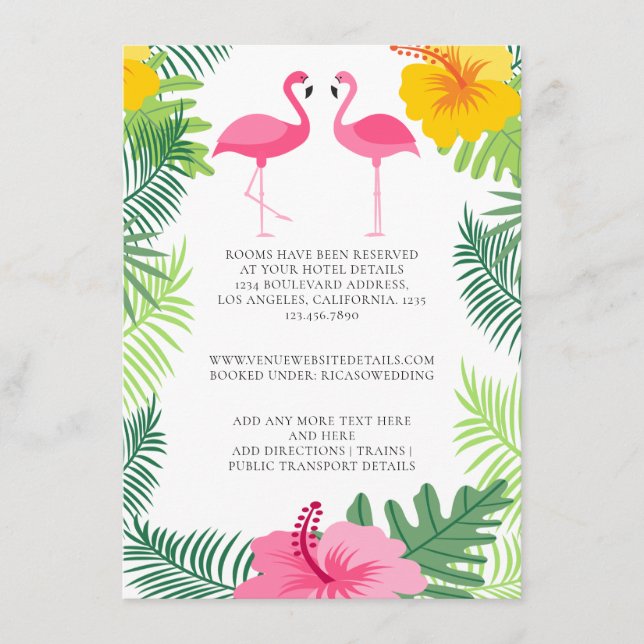 Tropisch rosa Flamingo farbenfrohe Hochzeitsdetail Begleitkarte (Vorderseite)