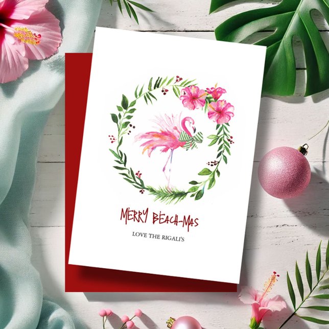 Tropisch rosa Flamingo Grußkarte für Weihnachten (Beach Christmas cards watercolor pink flamingo and hibiscus flowers wreath by Victoria Grigaliunas)
