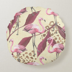 Tropisch rosa Flamingo, Leopardenmuster. Rundes Kissen