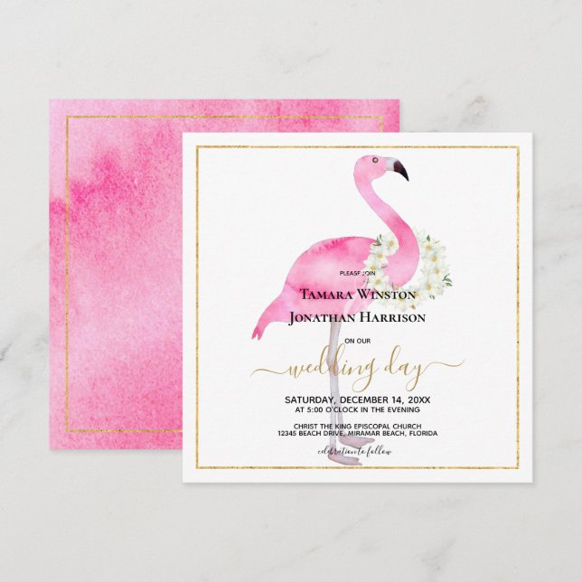 Tropisch rosa Flamingo Magnolias Beach Wedding Einladung (Vorne/Hinten)