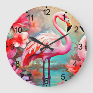 Tropisch rosa Flamingo mit Blume-87361 Große Wanduhr