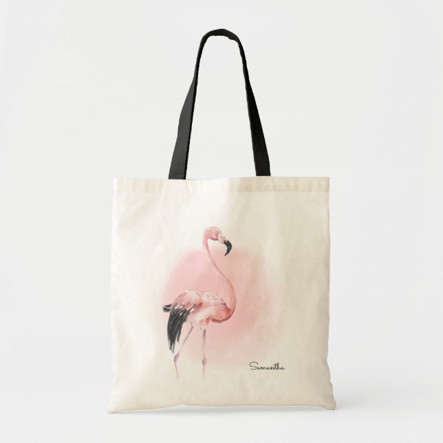Tropisch rosa Flamingo mit Namen Tragetasche (Vorne)