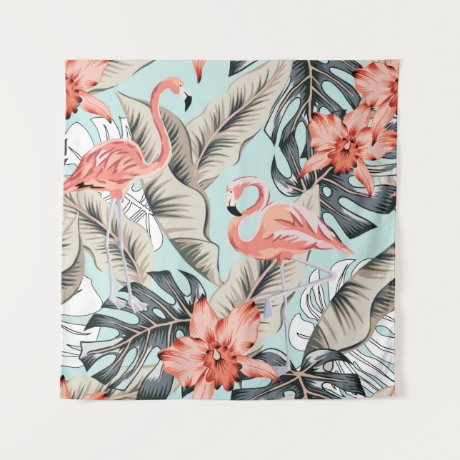 Tropisch rosa Flamingo mit orchiden Blume und Lee Wandteppich (Vorderseite)