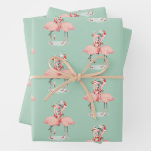 Tropisch rosa Flamingo mit Weihnachtsmannmützen We Geschenkpapier Set