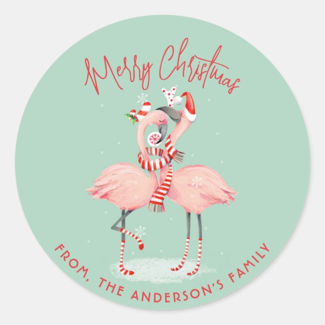 Tropisch rosa Flamingo mit Weihnachtsmannmützen We Runder Aufkleber (Vorderseite)