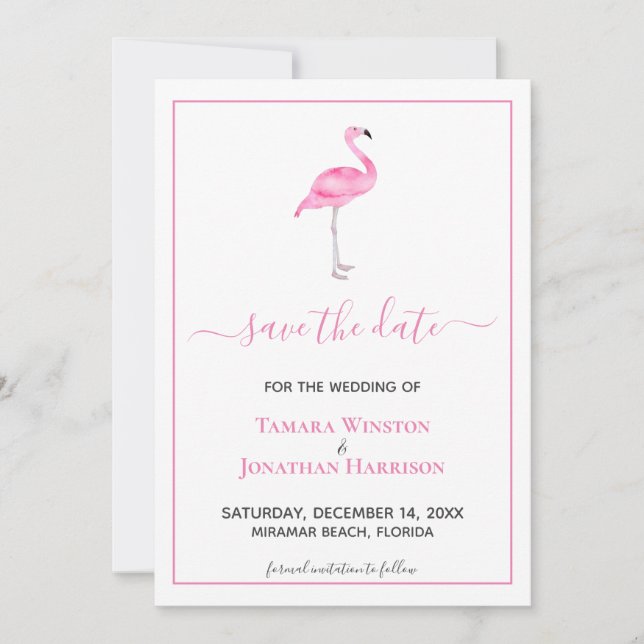 Tropisch rosa Flamingo Moderner Strand Hochzeit Save The Date (Vorderseite)