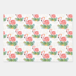 Tropisch rosa Flamingo und Blume Geschenkpapier Set
