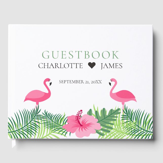 Tropisch rosa Flamingos farbenfrohe Blume Hochzeit Gästebuch (Vorderseite)