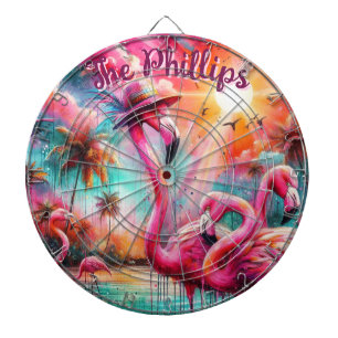 Tropisch rosa Flamingos Palmen Bäume Personalisier Dartscheibe
