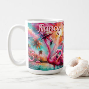 Tropisch rosa Flamingos Palmen Bäume Personalisier Kaffeetasse