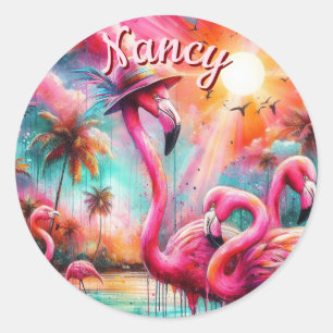 Tropisch rosa Flamingos Palmen Bäume Personalisier Runder Aufkleber