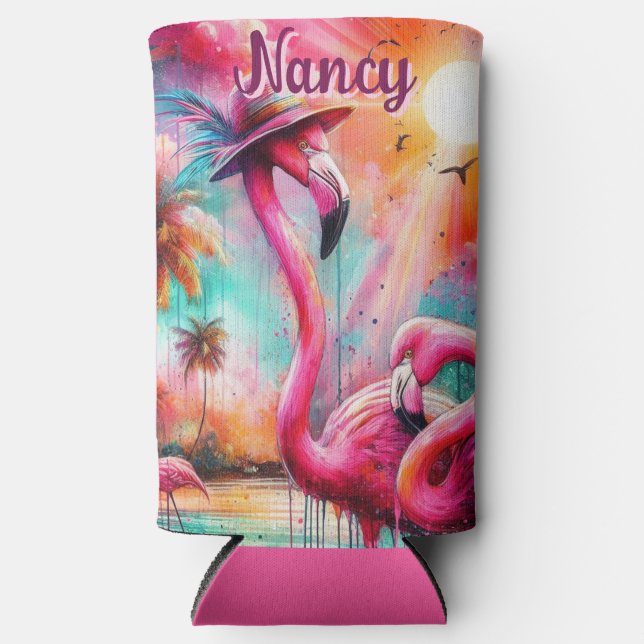 Tropisch rosa Flamingos Palmen Bäume Personalisier Selters Dosenkühler (Vorderseite)