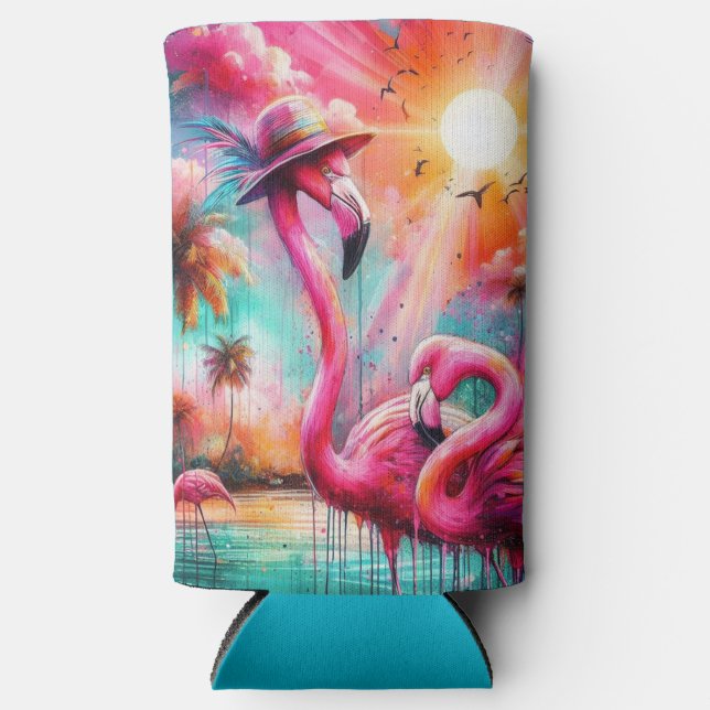 Tropisch rosa Flamingos Palmen Bäume Sonnenwasser  Selters Dosenkühler (Vorderseite)