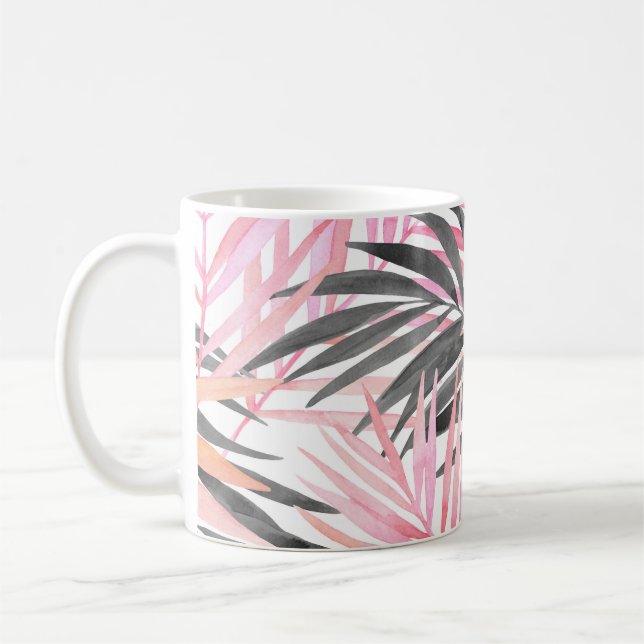 Tropisch rosa grüne Blätter Wasserfarbe Kaffeetasse (Links)