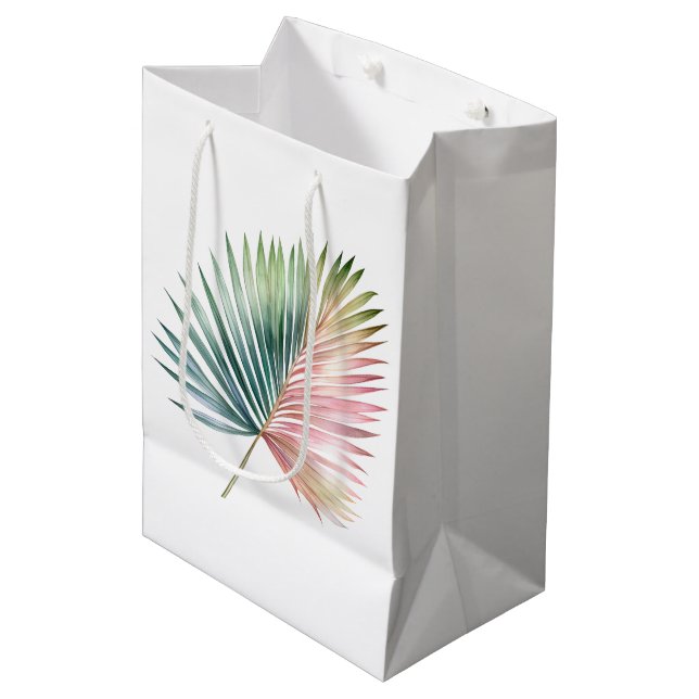Tropisch-rosa-grüne Leaf-Hochzeit Mittlere Geschenktüte (Vorderseite Schrägansicht)