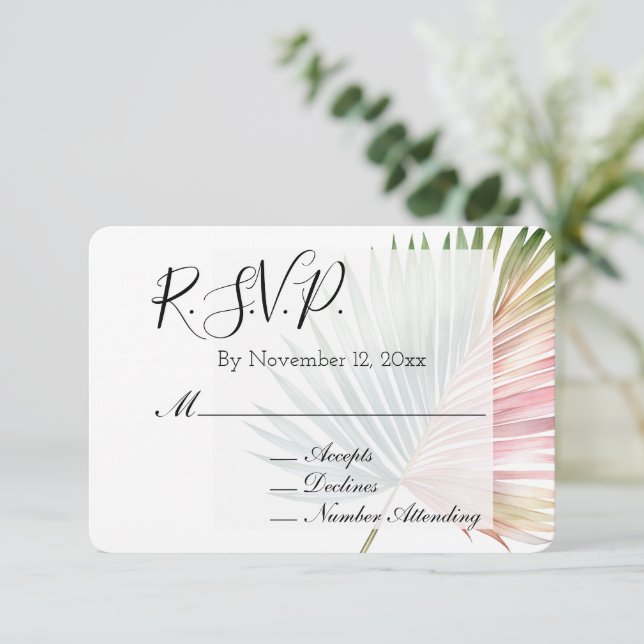 Tropisch rosa grünes Leaf Wedding RSVP Begleitkarte (Stehend Vorderseite)