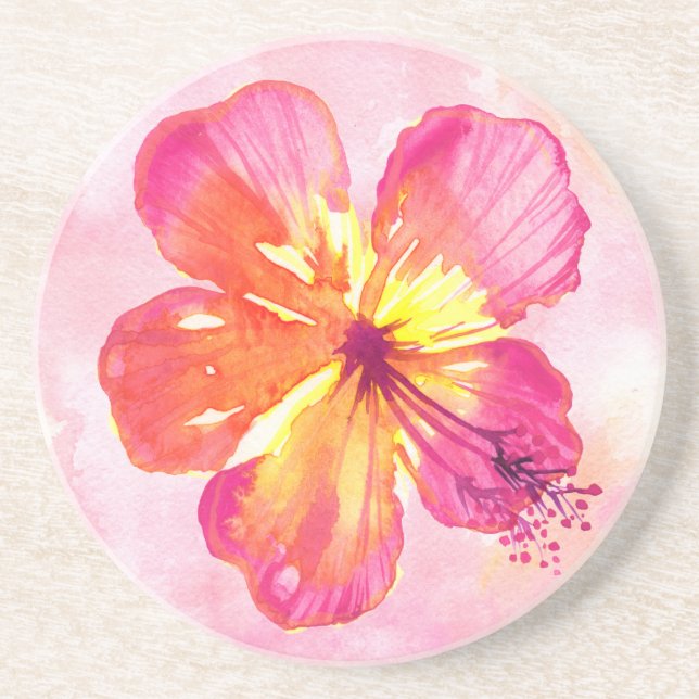 Tropisch rosa Hibiskus auf Abstraktem Wasser Getränkeuntersetzer (Vorne)