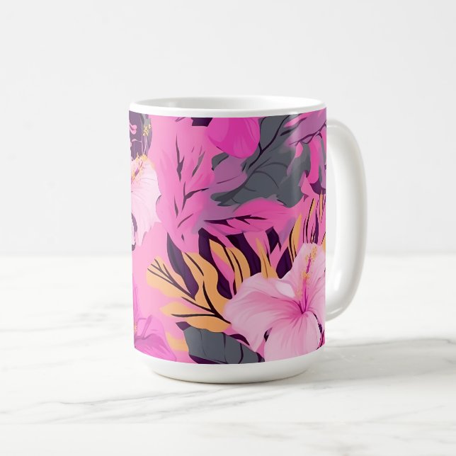 Tropisch-rosa Hibiskus - Blumenmuster mit Blätter Kaffeetasse (VorderseiteRechts)
