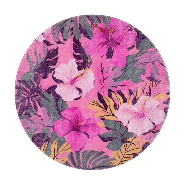 Tropisch-rosa Hibiskus - Blumenmuster mit Blätter Schneidebrett (Vorderseite)