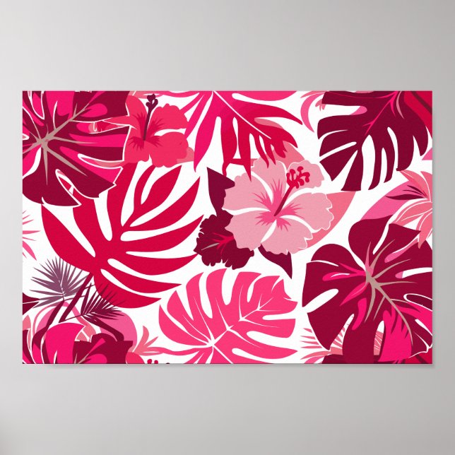 Tropisch rosa Hibiskus und Monstera Blätter Muster Poster (Vorne)
