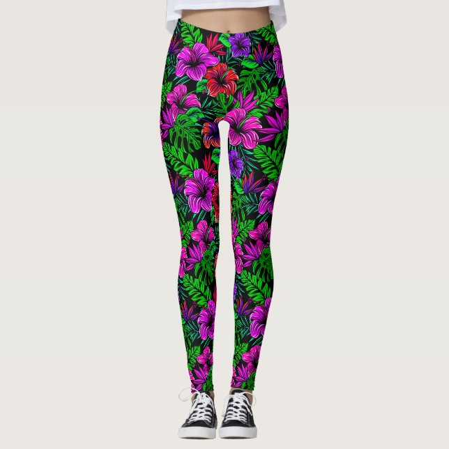 Tropisch rosa Lila Hibiskus Blume Leggings (Vorderseite)