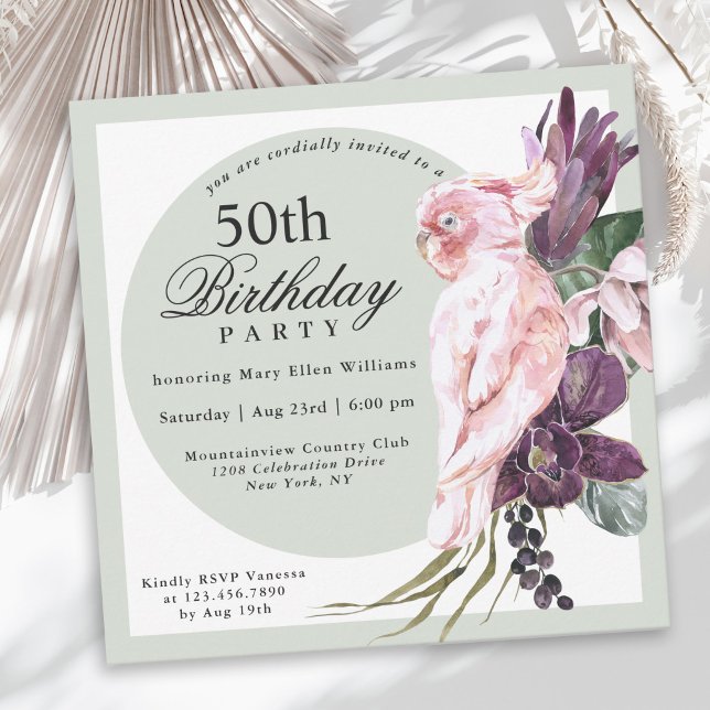Tropisch rosa Papagei und Sage Floral 50. Geburtst Einladung (Von Creator hochgeladen)