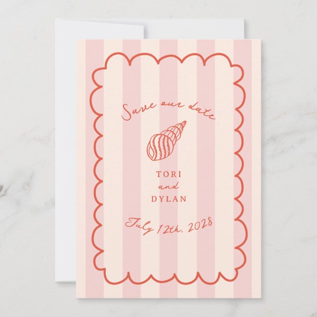Tropisch rosa Stripe Seashell Save the Date (Vorderseite)