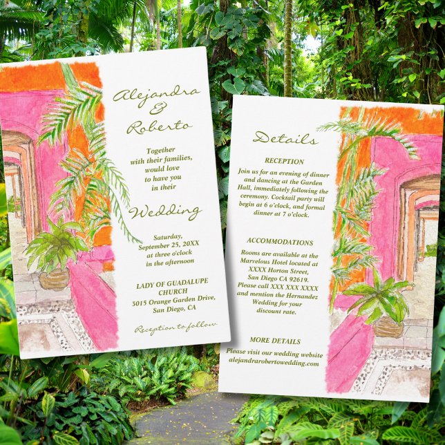 Tropisch-rosa Wände und Palm Courtyard Art Wedding Einladung (Von Creator hochgeladen)