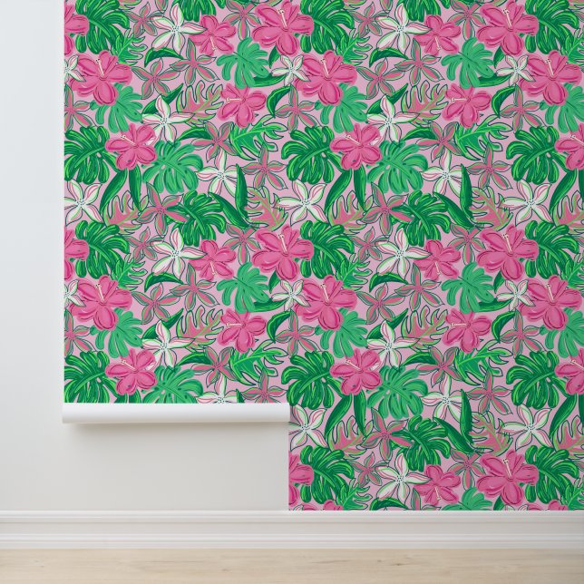Tropisch rosa Weiße Blume mit Palm-Blätter Tapete (Anwendung)
