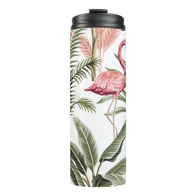 Tropisch Vintag rosa Flamingo, Bananenbäume und Thermosbecher (Vorderseite)