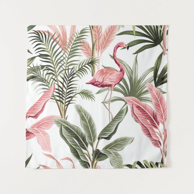 Tropisch Vintag rosa Flamingo, Bananenbäume und  Wandteppich (Vorderseite)