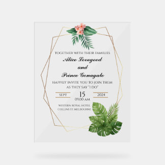 Tropische Acryl-Hochzeitseinladung mit goldenem Ra Acrylschild