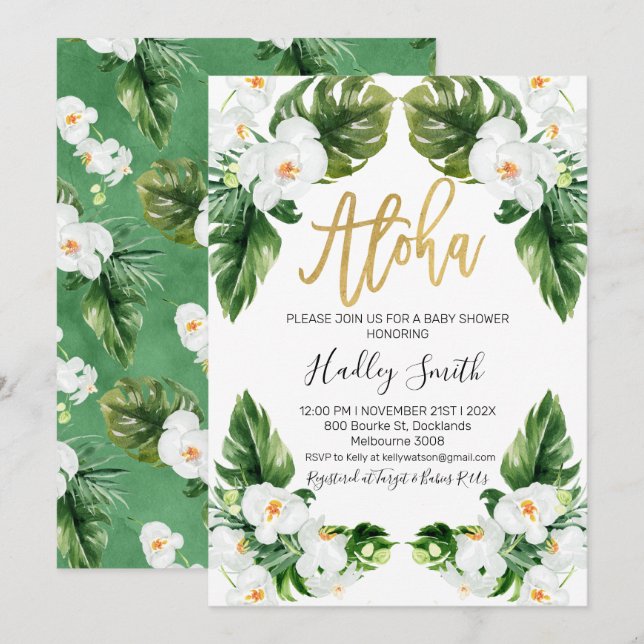 Tropische Aloha-Babydusche Einladung (Vorne/Hinten)