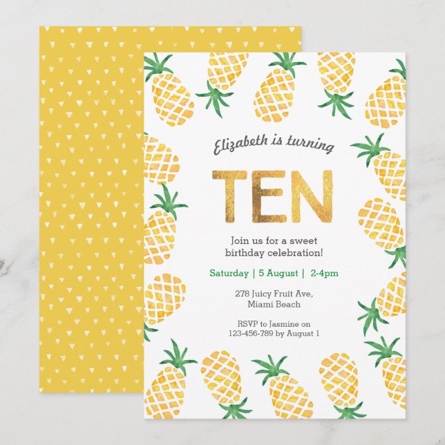 Tropische Ananas 10. Geburtstag Einladung (Vorne/Hinten)