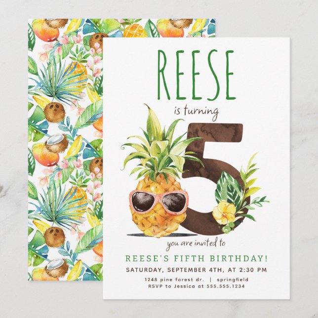 Tropische Ananas 5. Geburtstag Einladung (Vorne/Hinten)