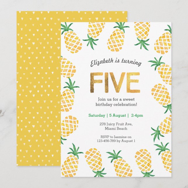 Tropische Ananas 5. Geburtstag Einladung (Vorne/Hinten)
