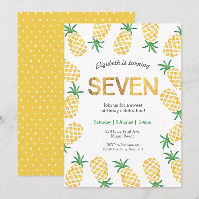 Tropische Ananas 7. Geburtstag Einladung (Vorne/Hinten)
