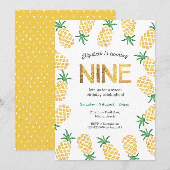 Tropische Ananas 9. Geburtstag Einladung (Vorne/Hinten)